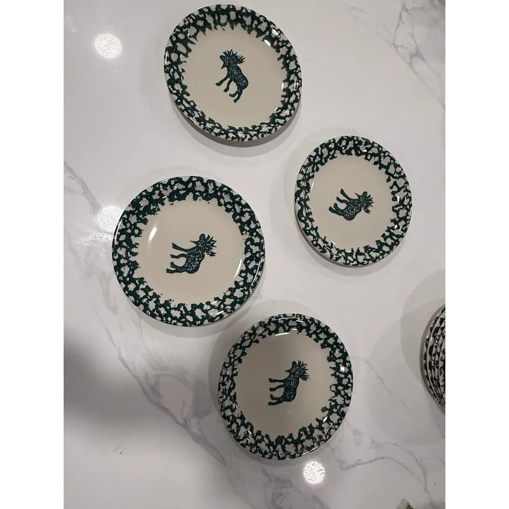 VINTAGE Tienshan Moose Country Salad Plates Set 4 Folk Craft Spongeware 8 Inch